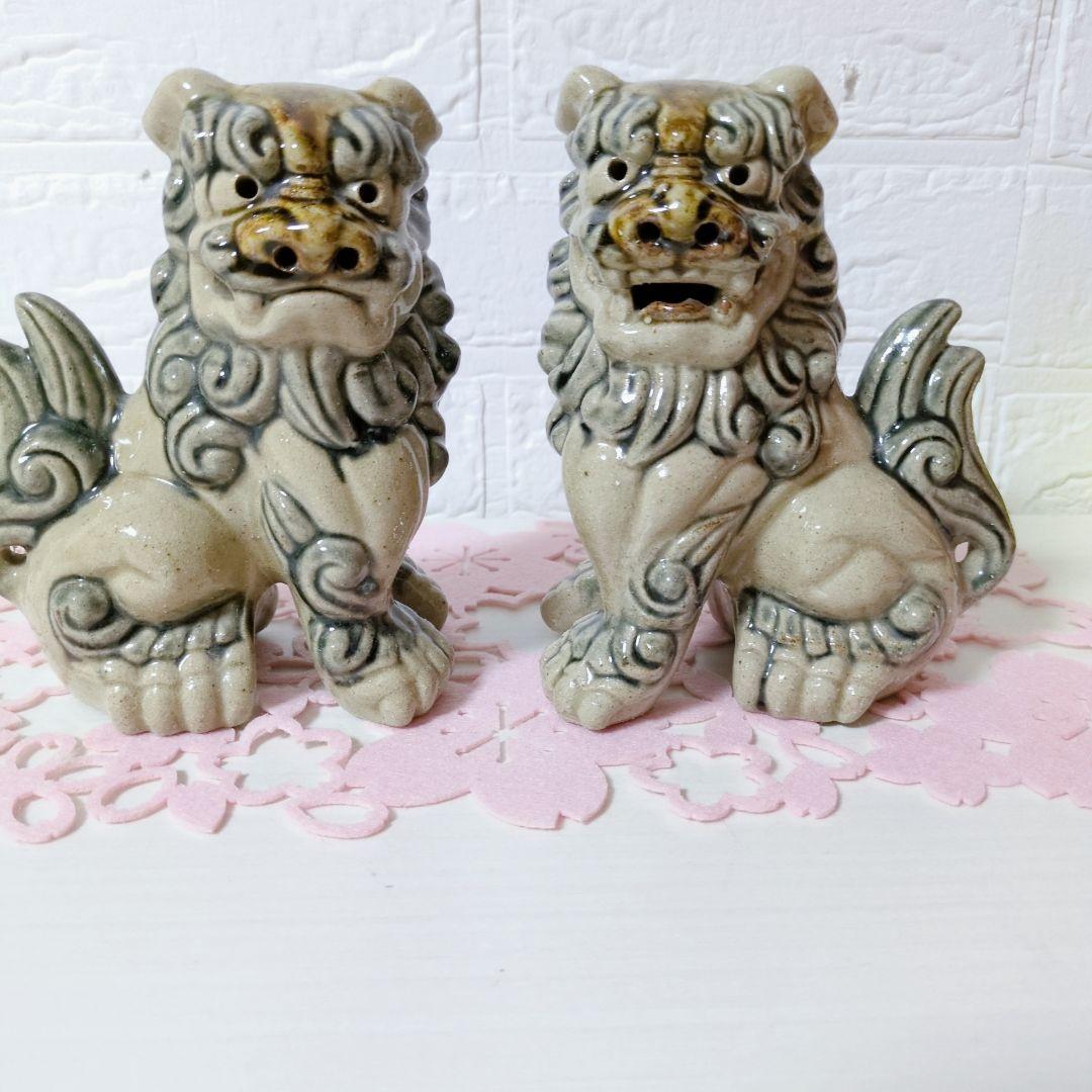 【美品】シーサー 沖縄 陶器製 2体セット 置物 アンティーク