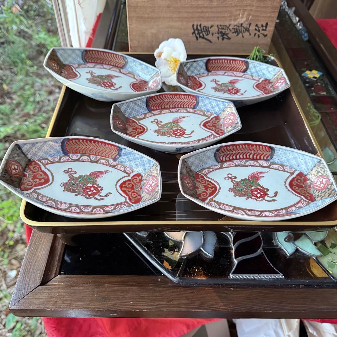 2236様感謝‼️‼️上手伊万里唐獅子牡丹富貴繁栄の舟形膾皿切支丹皿刺身皿 5客