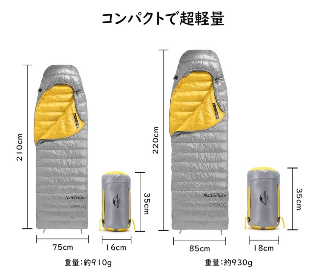 Naturehike 寝袋 【足伸ばし可能・完全展開可能】-7.9~4.7℃