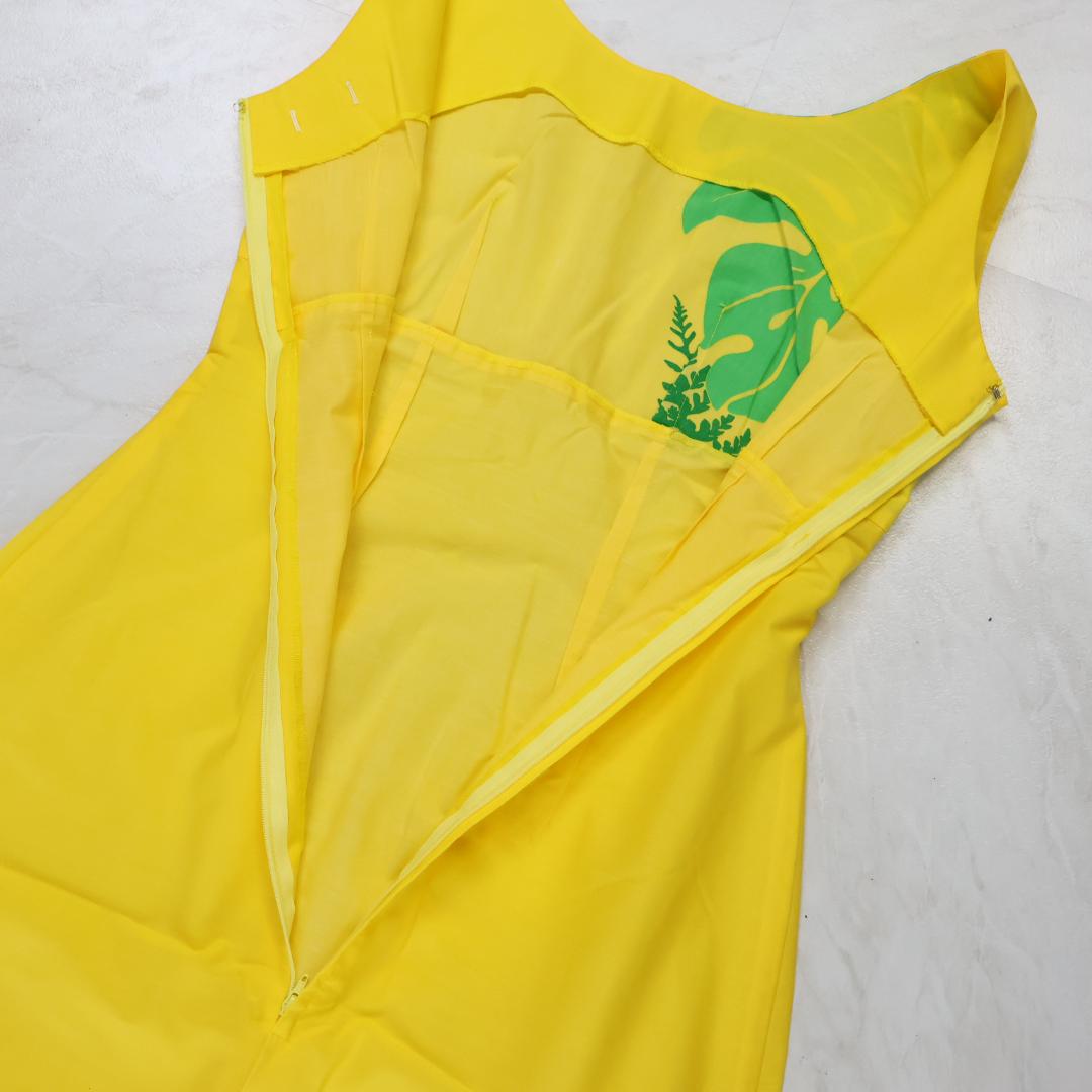 【美品 フラダンス衣装】イエロー ワンピース ドレス レフア柄 モンステラ柄 赤