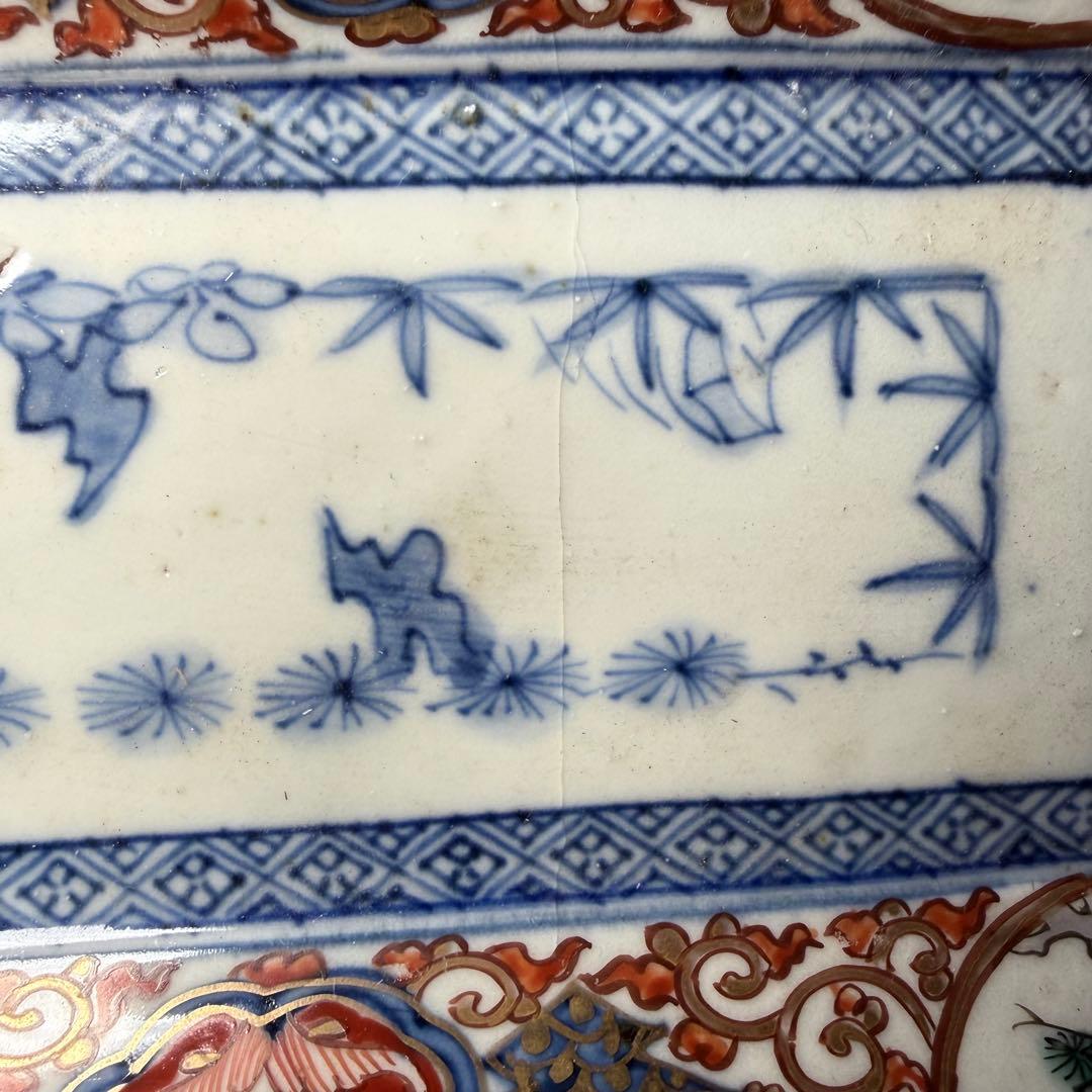 江戸後期　古伊万里　赤絵唐草文長皿　五客　 太明年製銘　松竹梅文　上手物　色絵