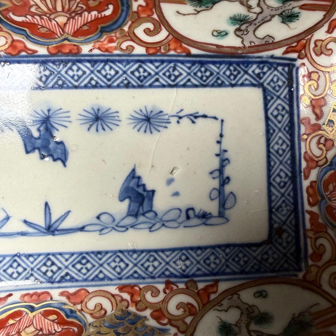 江戸後期　古伊万里　赤絵唐草文長皿　五客　 太明年製銘　松竹梅文　上手物　色絵