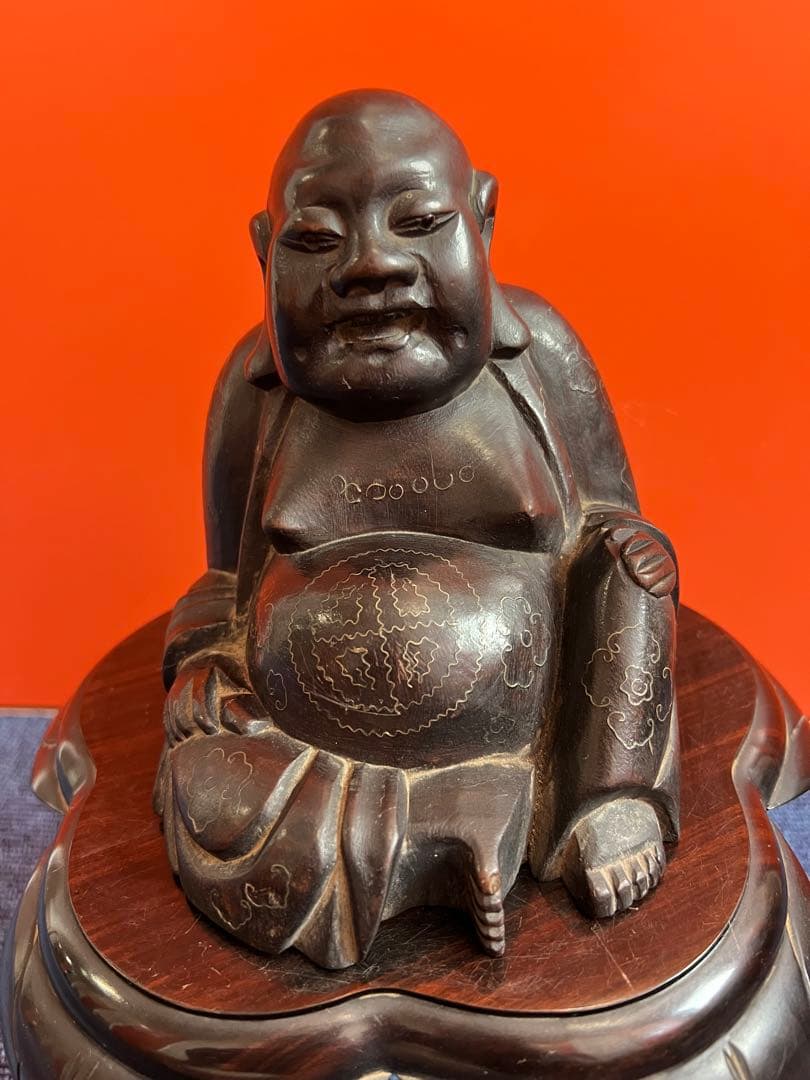 1302 木彫布袋　花台付き　置物