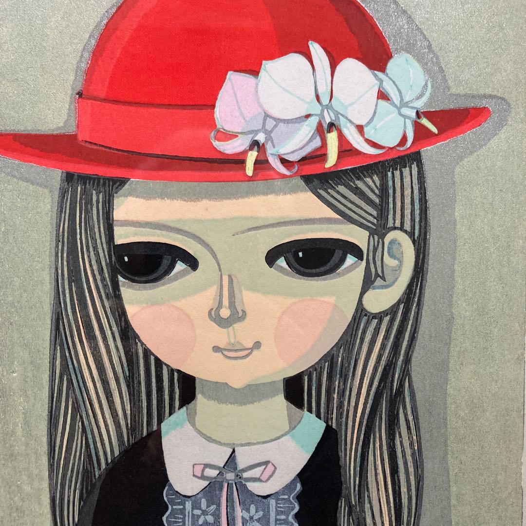 池田修三　木版画『一月』1982年 製作　赤い帽子の少女 現状品