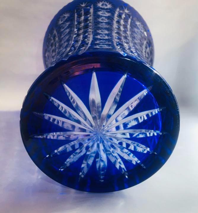 切子 青被せ ガラス 花瓶 カットガラス フラワーベース