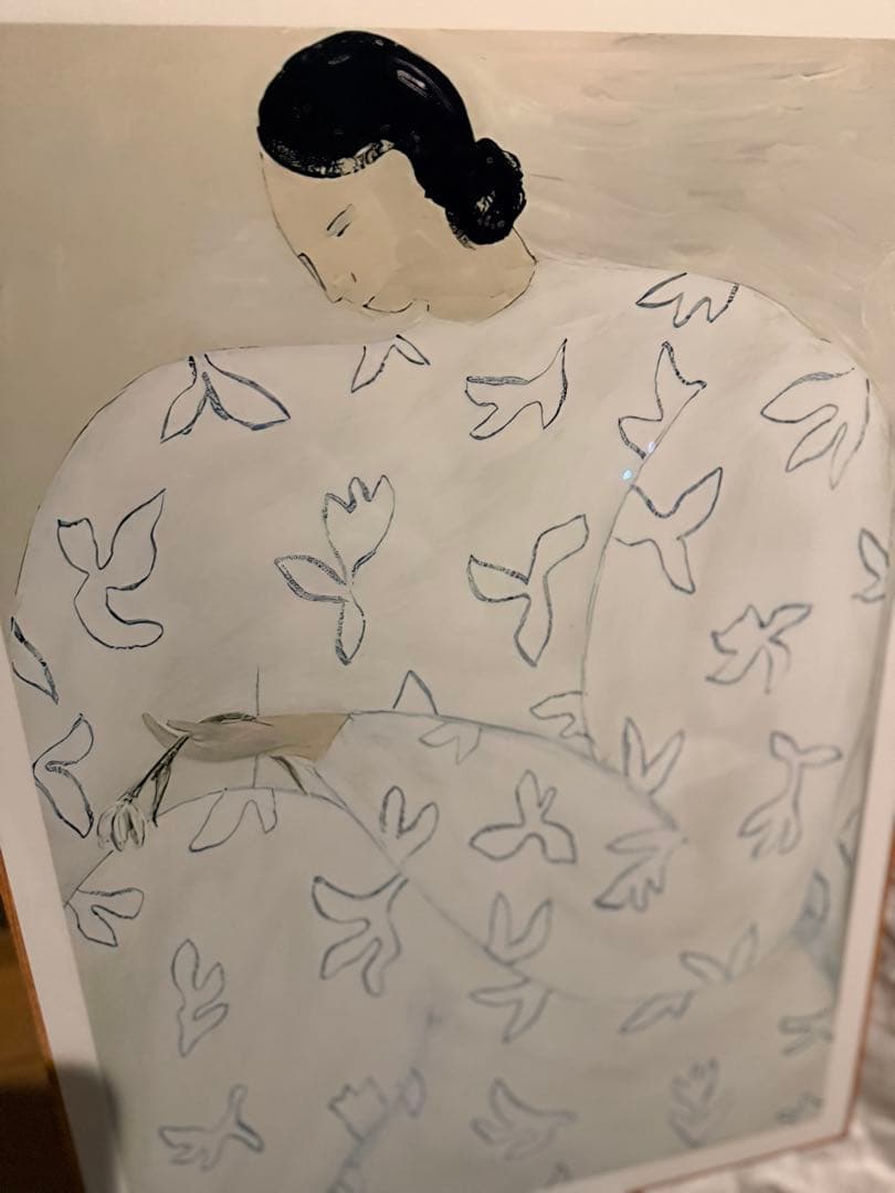 現代アート 女性と鳥の絵画 木製フレーム