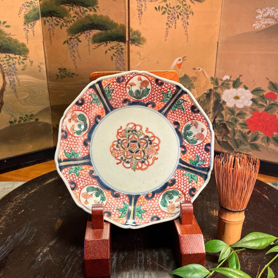 【特別出品】古伊万里　元禄伊万里　柿右衛門　色絵　宝丸紋　輪花型皿