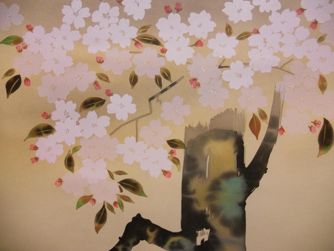 掛け軸 小川大鳳 作『 桜に瑠璃鳥 ルリチョウ 』絹本 希少 茶道具 掛軸 美品
