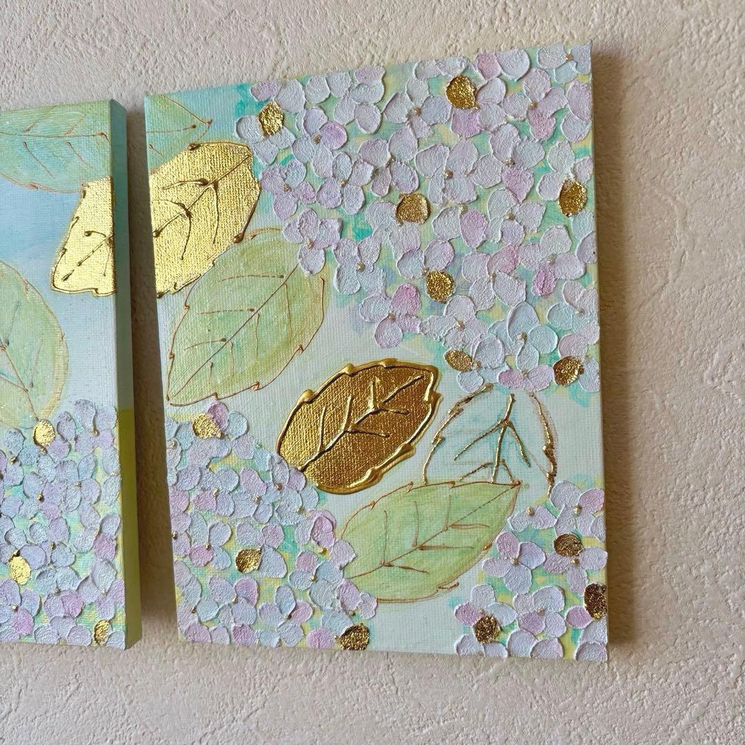 爽やかな風に揺れる紫陽花 テクスチャーアート 3枚セット 原画ゴールドリーフ