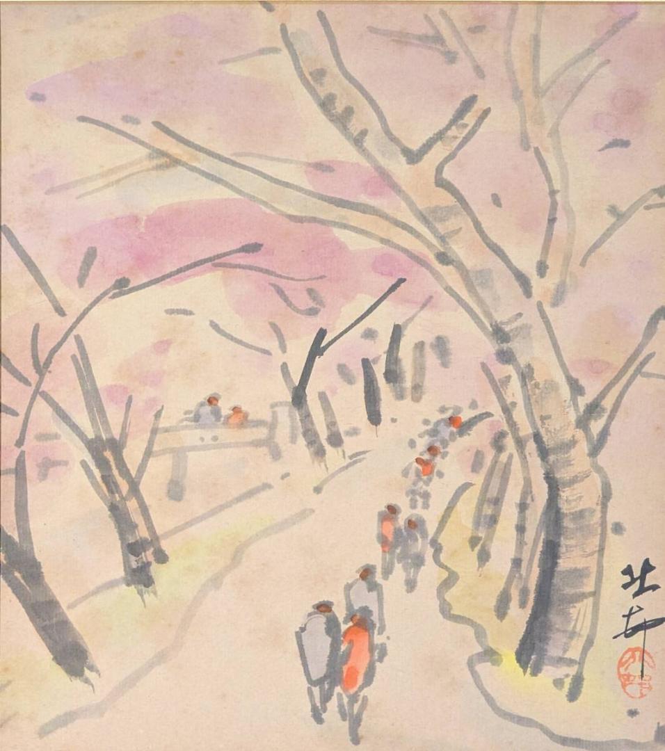 【真作】絵画　日本画（色紙）　桜並木と人々　風景スケッチ　春の散策路　Y154