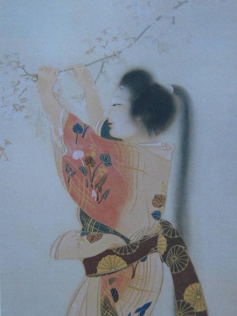 下村観山、【美人観桜】、希少画集画より、状態良好、新品高級額装付