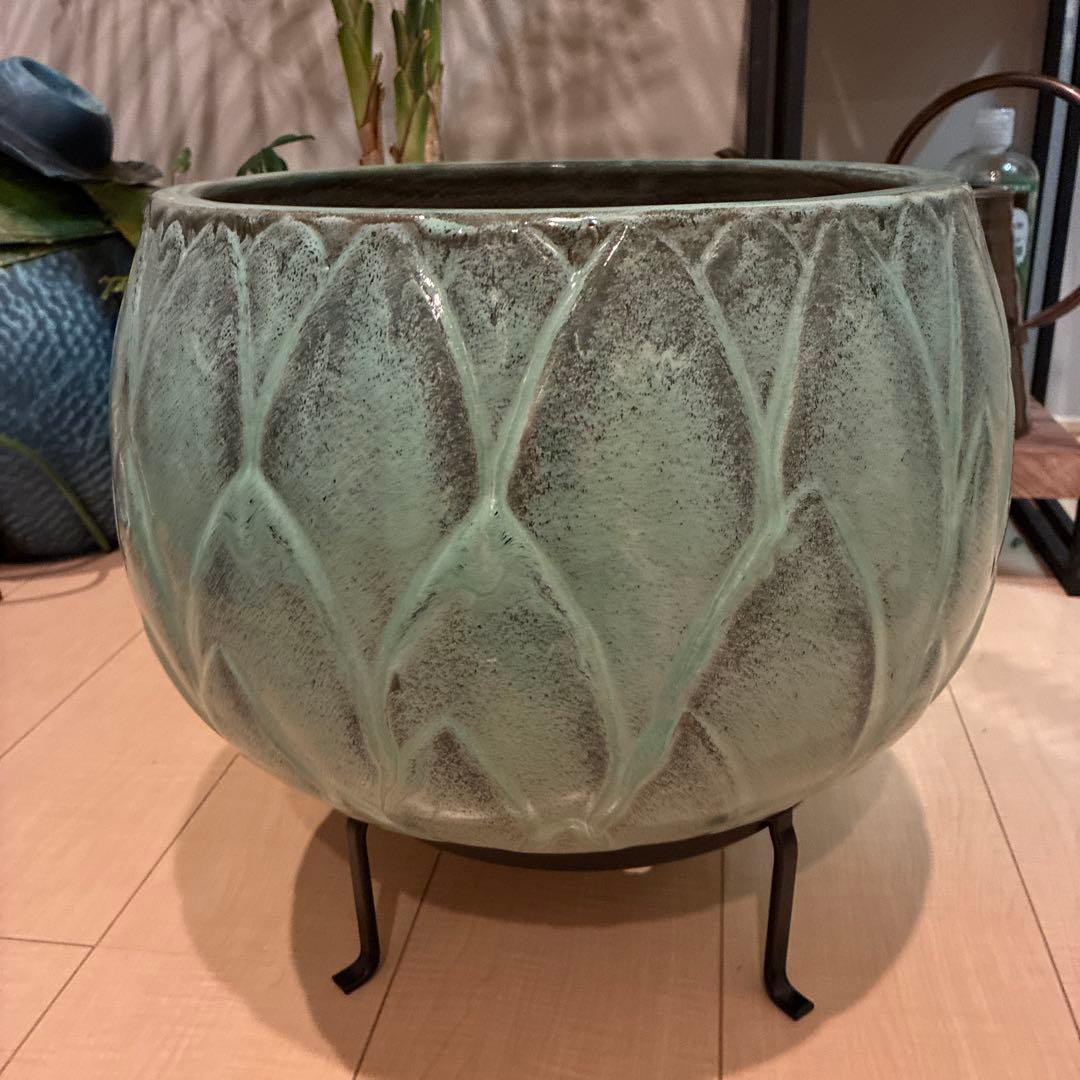 【Deroma】デローマ社オリジナル青緑色の葉模様テラコッタ11号大型植木鉢