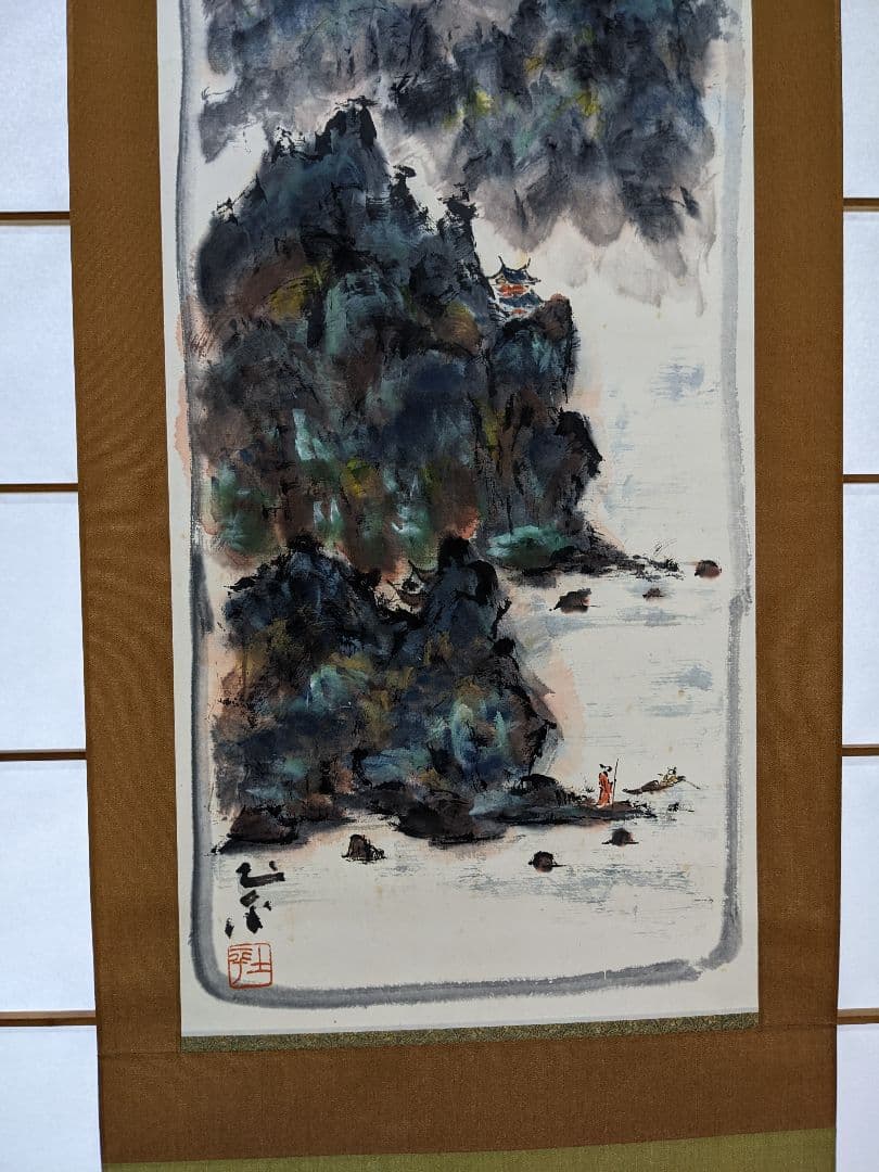 ♦紙彩色 紙本墨画 藍山高楼図 日本画 コレクション 骨董品 アンティーク