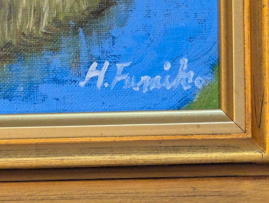 【真作】絵画　油彩6号　富士山と桜の風景画　油彩画　額装品　Z139