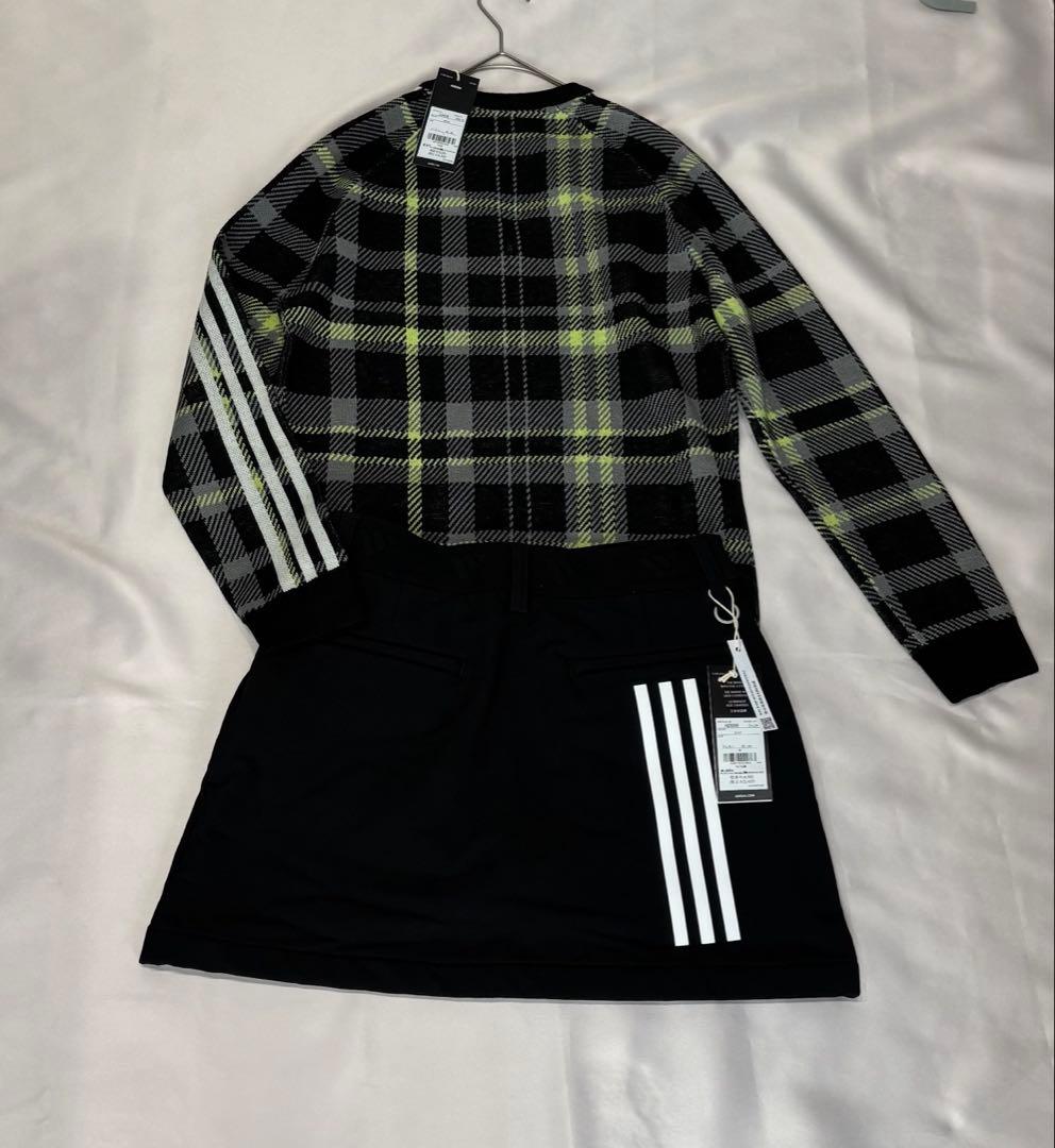 新品adidas ゴルフタータンチェック柄 ニット　裏起毛スカートセットアップ