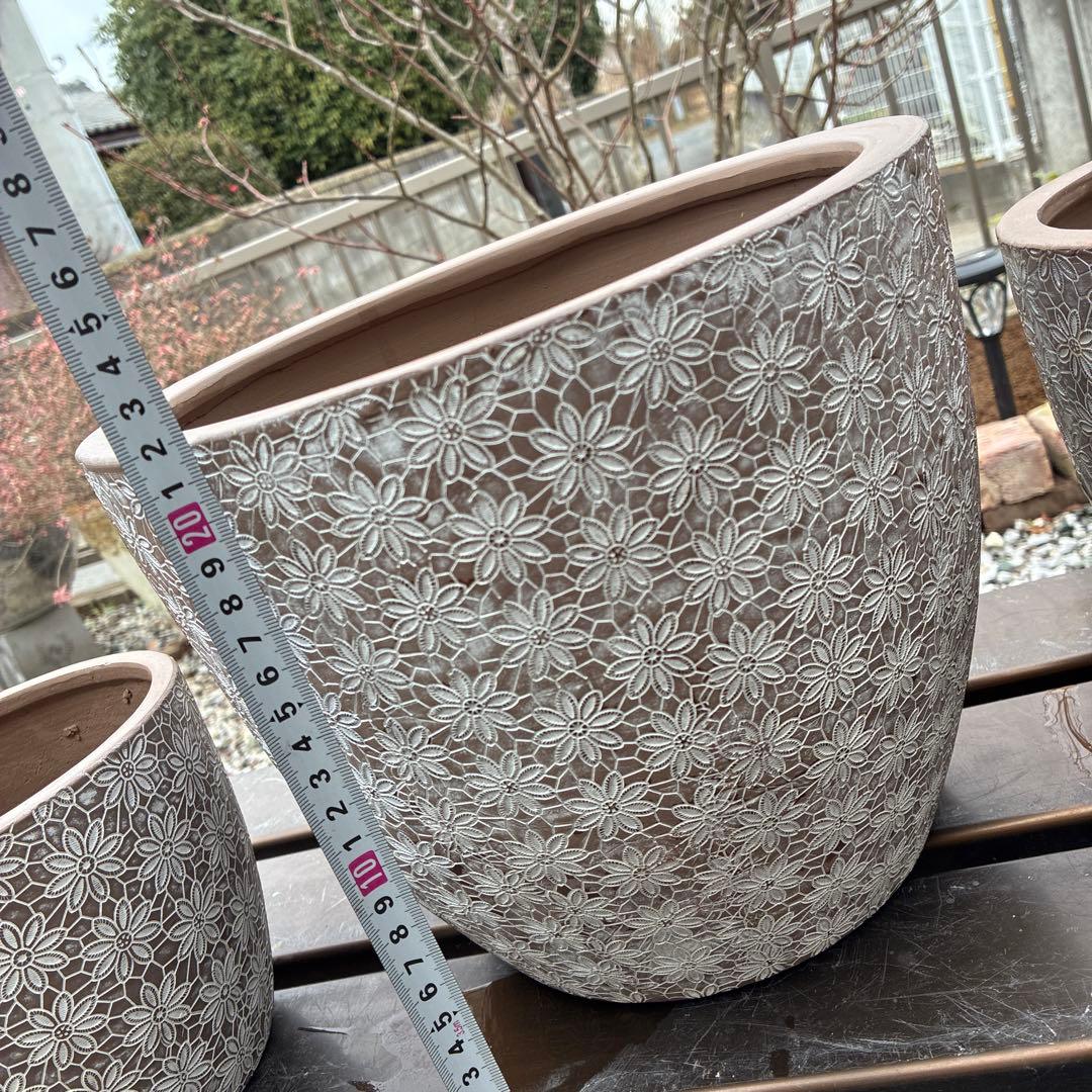 レース模様カラーテラコッタ植木鉢　3個セット