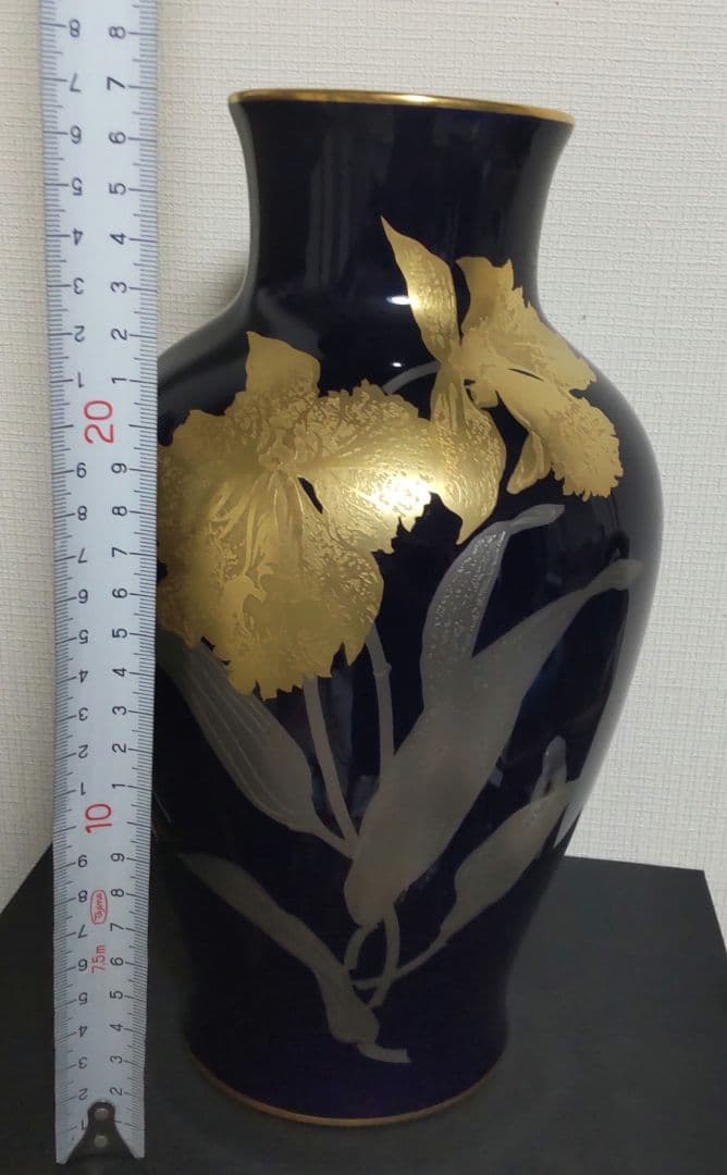 Okura 花瓶 28cm 濃紺 金色の花柄