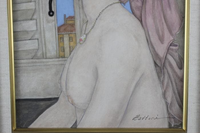 服部和三郎　窓辺の裸婦　油彩画　1980年　F4号　肉筆