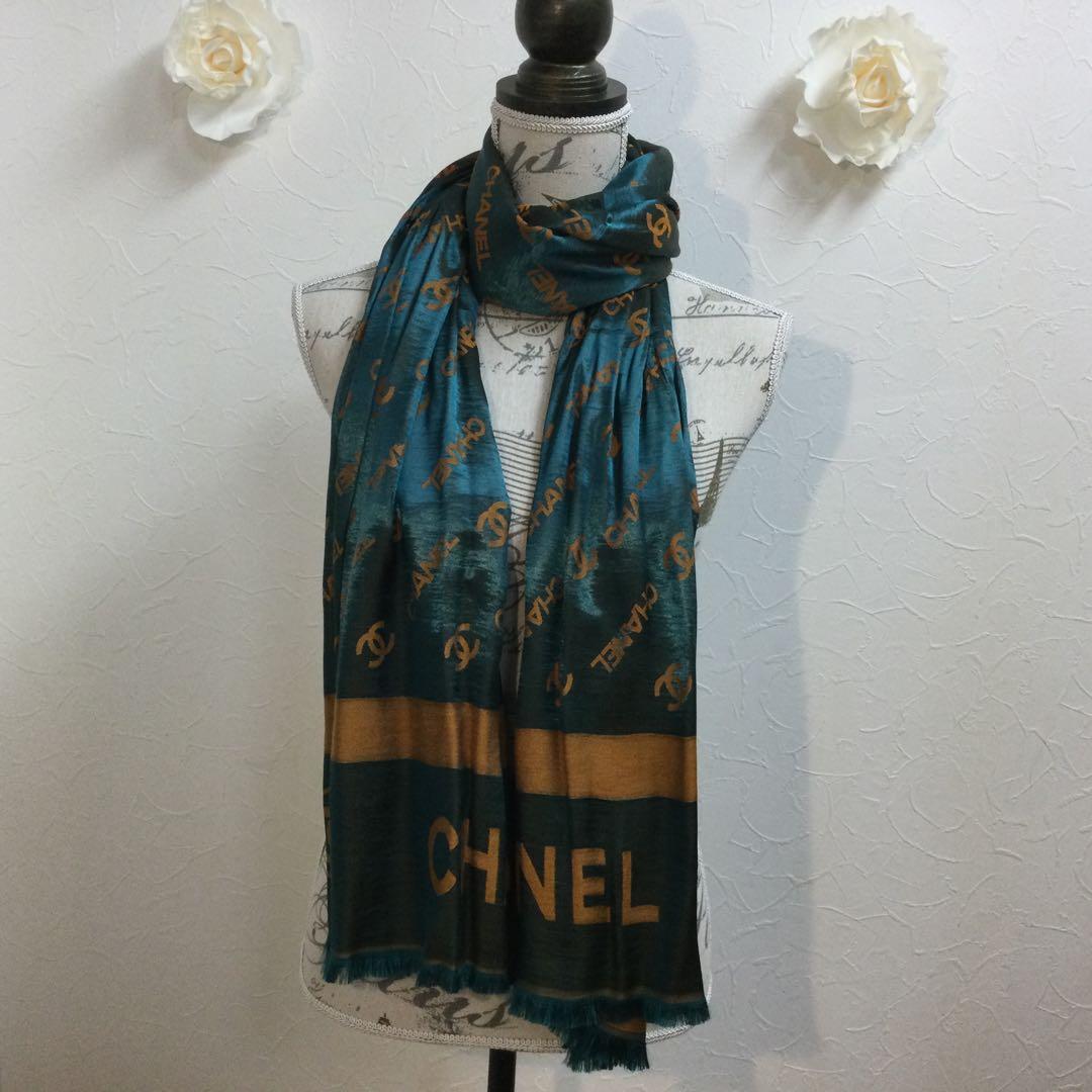 Chanel ロゴ ストール ノベルティグリーン×ゴールド185cm×75cm