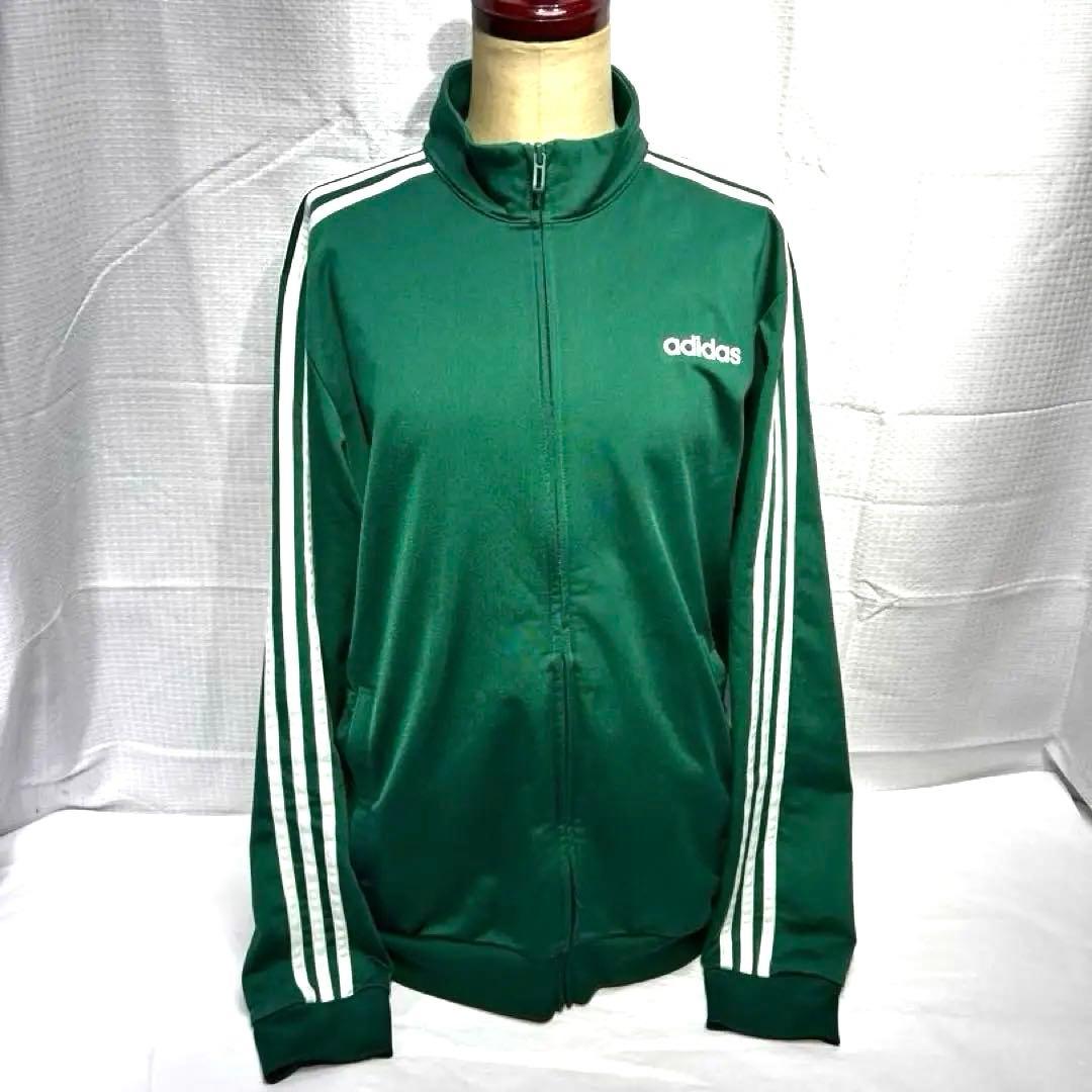 adidas フルジップトラックジャケット 緑色に白３本ライン Oサイズ