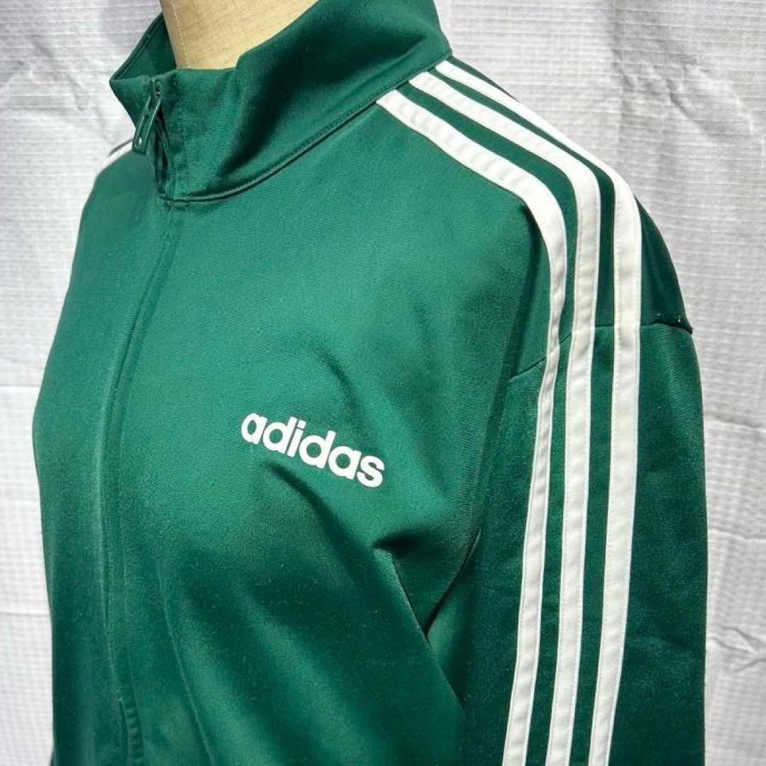 adidas フルジップトラックジャケット 緑色に白３本ライン Oサイズ