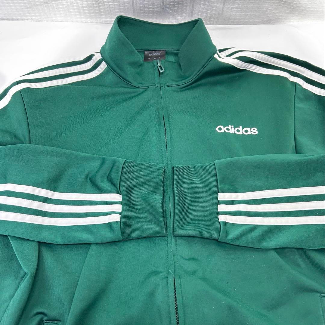 adidas フルジップトラックジャケット 緑色に白３本ライン Oサイズ
