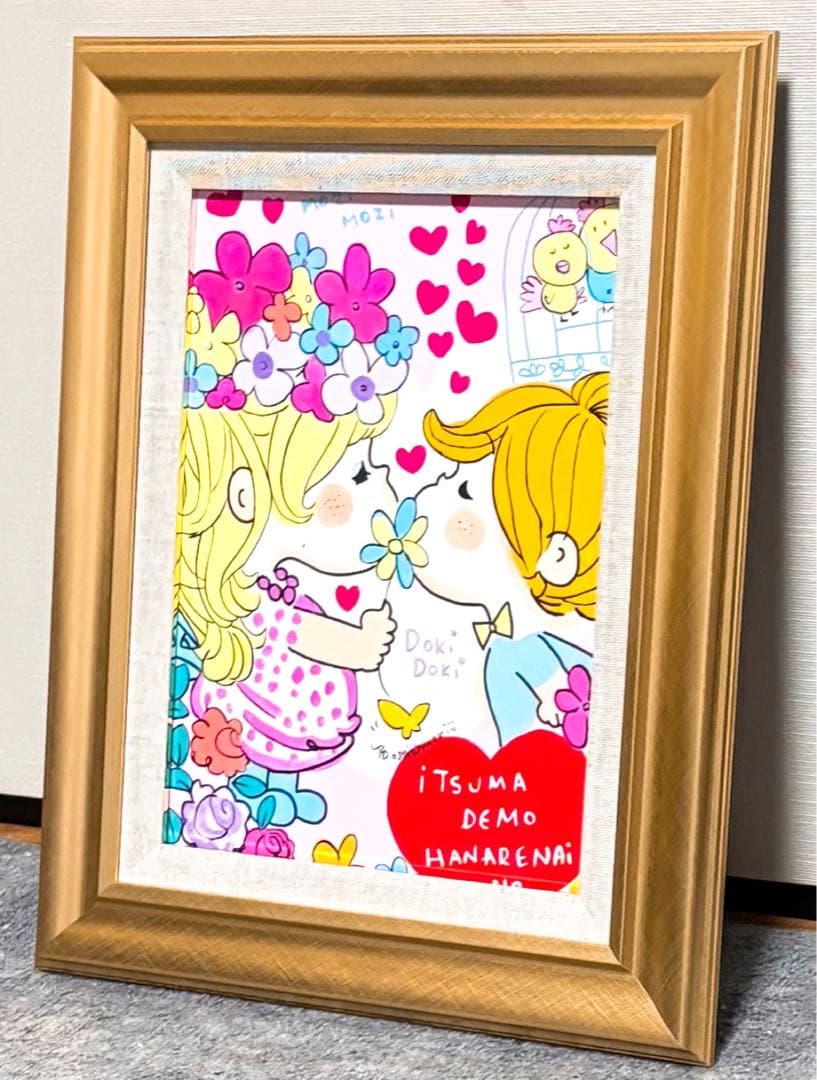 【F4号】手描き作品　水森亜土　サイン　額縁　額装　未使用額　人気作品　人気作家