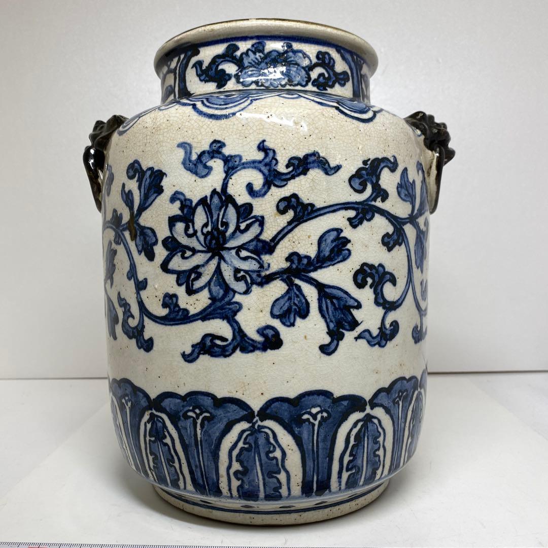江戸後期　犬山焼　染付　獅子耳　花瓶　h26cm 東K7-1207② タエオ