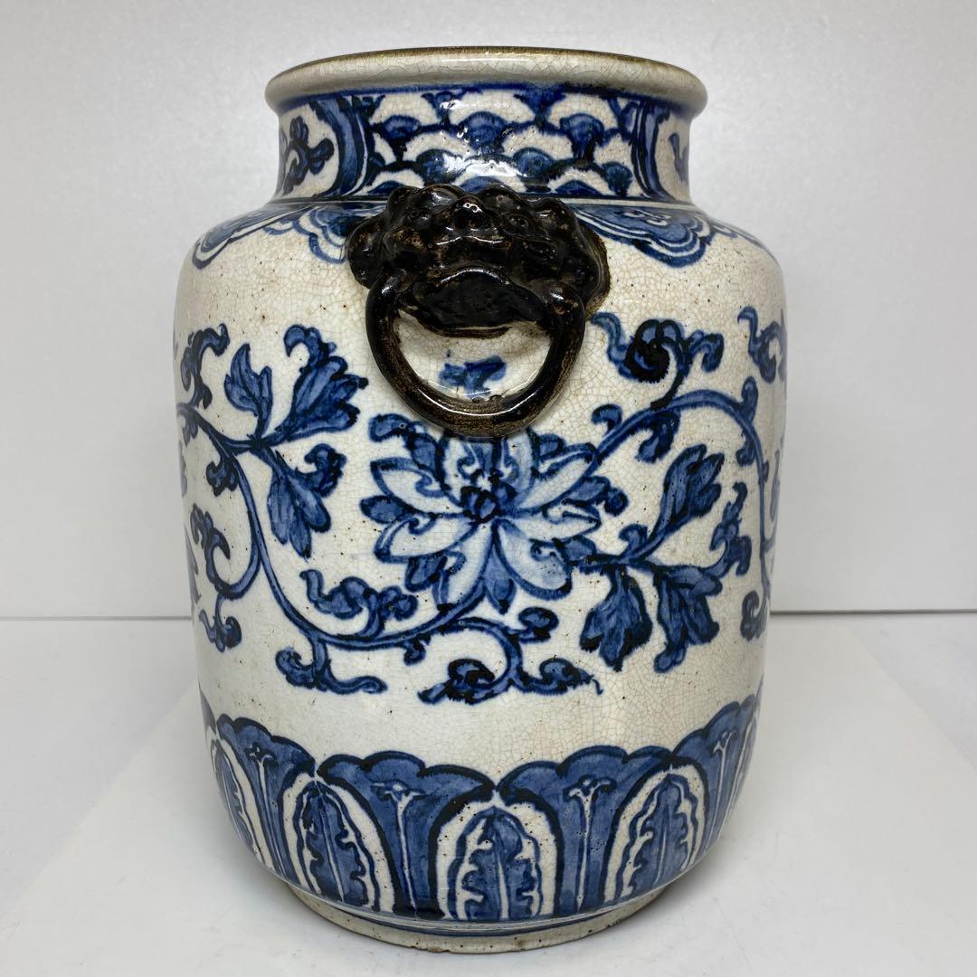 江戸後期　犬山焼　染付　獅子耳　花瓶　h26cm 東K7-1207② タエオ