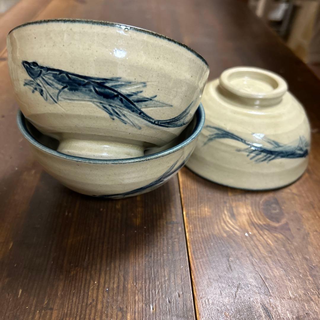 作家　陶芸作家　魚紋　飯碗　3点　沖縄