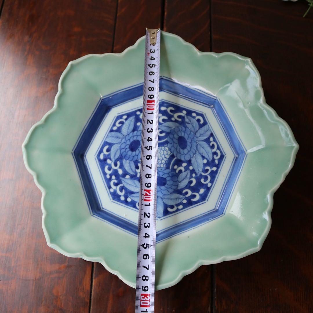 伊万里 染付青磁　草花文 輪花大皿 玩銘 骨董古美術古民藝茶道具懐石
