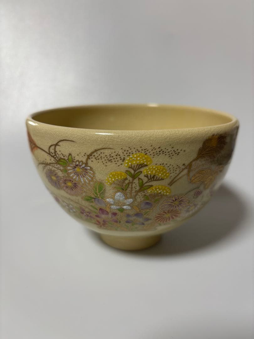 薩摩焼　玉陶山　与次郎作／江月画　白薩摩茶盌　抹茶碗　茶道具