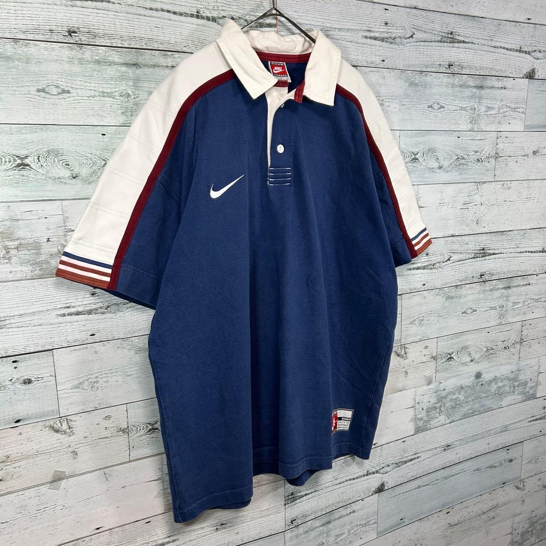 90s NIKE ナイキ スウォッシュロゴ刺繍 半袖ラガーシャツ Lサイズ