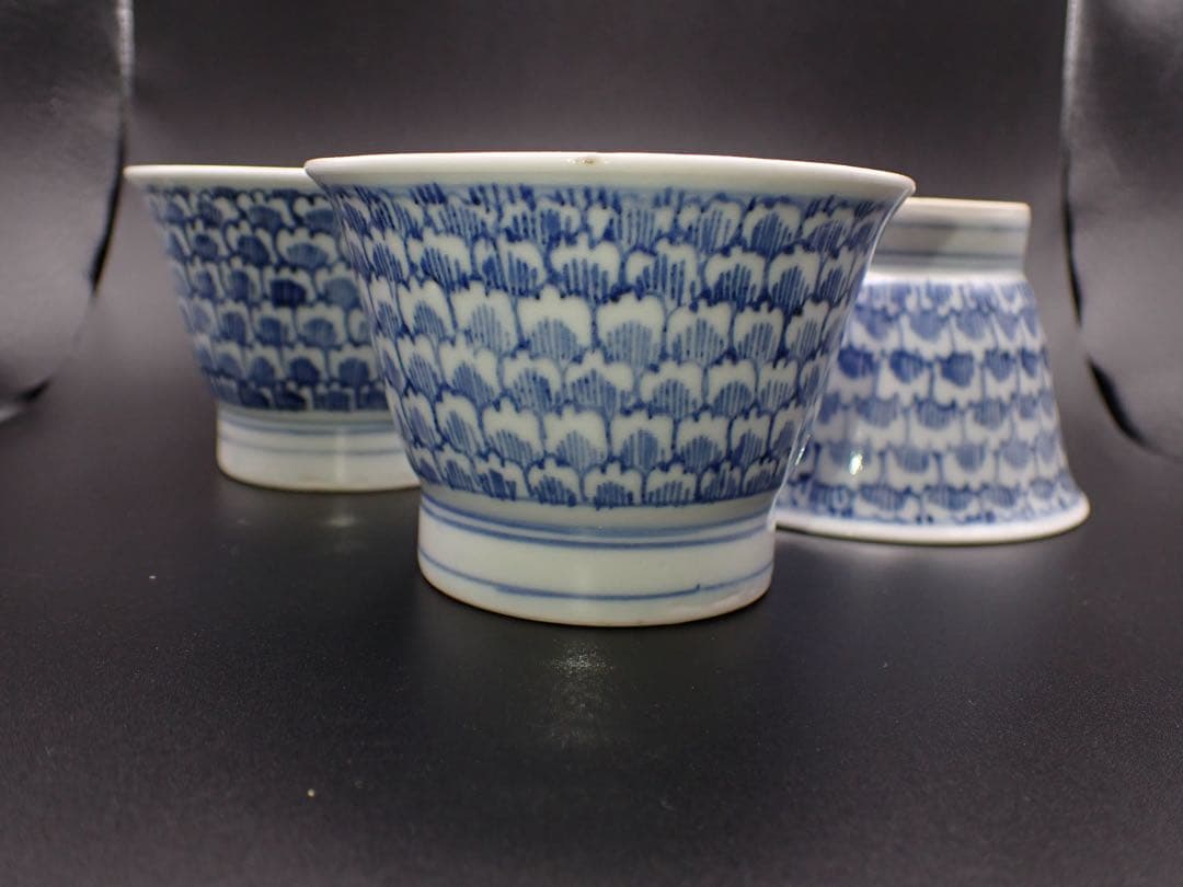 【完品】古伊万里 蓮華鱗 3客セット そば猪口 広東形 骨董品 幕末(青8)