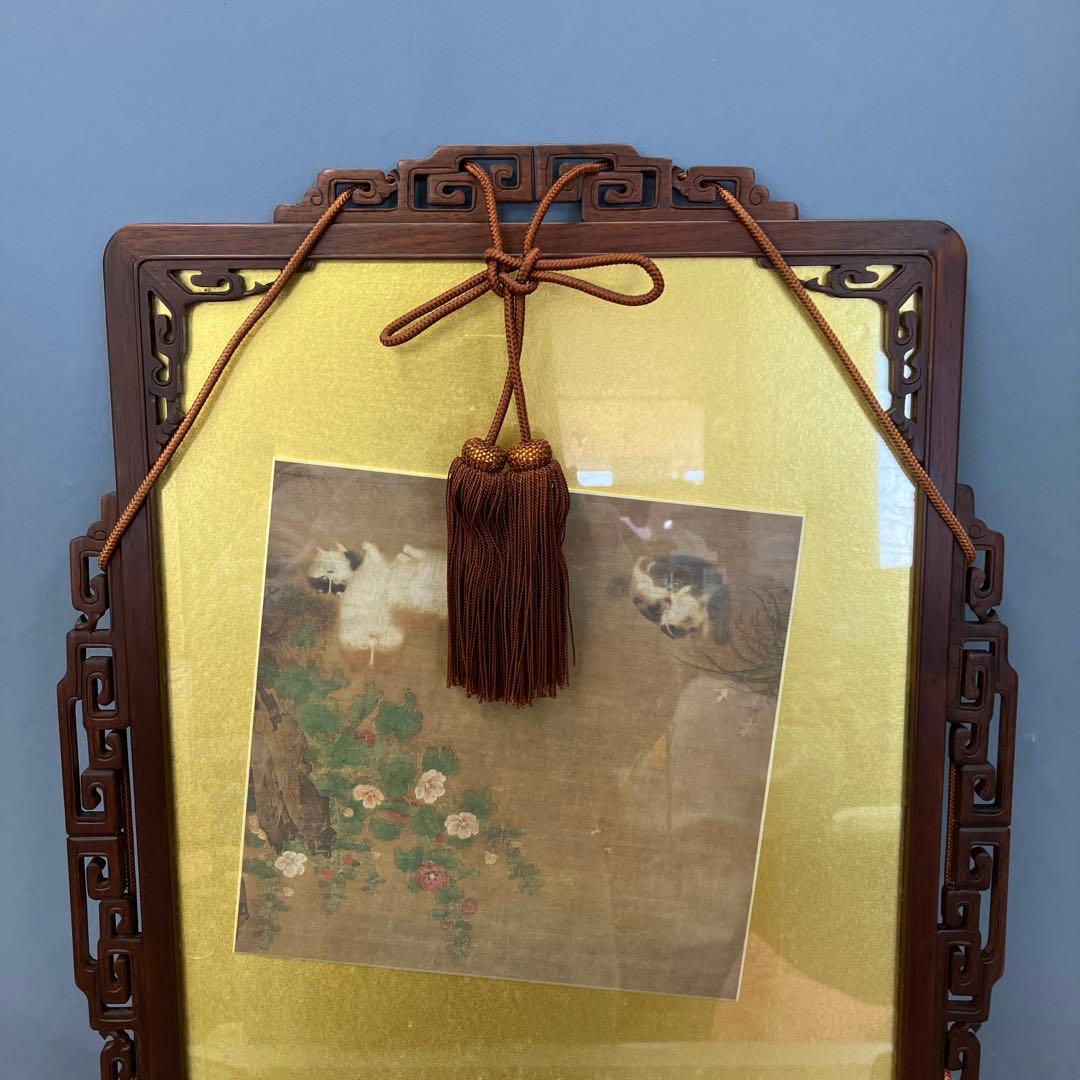 唐木 飾り額 浮き彫り彫刻 金背景 猫 花鳥図 煎茶道具 アンティーク 壁掛け