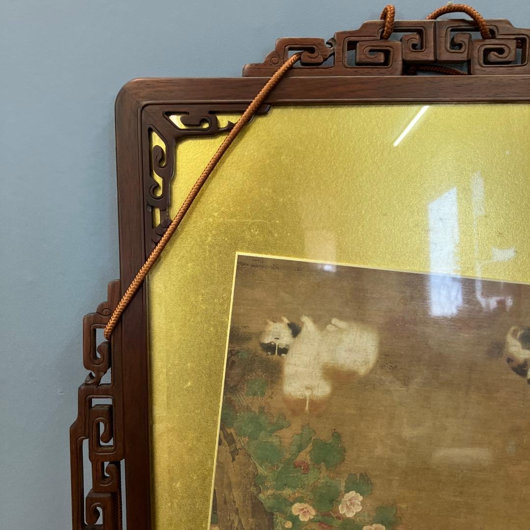 唐木 飾り額 浮き彫り彫刻 金背景 猫 花鳥図 煎茶道具 アンティーク 壁掛け