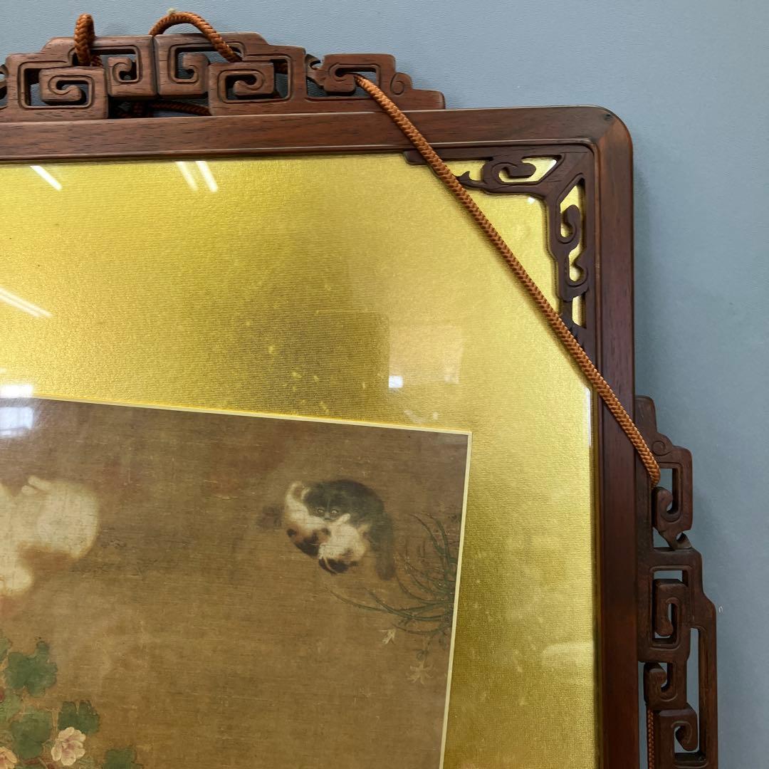 唐木 飾り額 浮き彫り彫刻 金背景 猫 花鳥図 煎茶道具 アンティーク 壁掛け