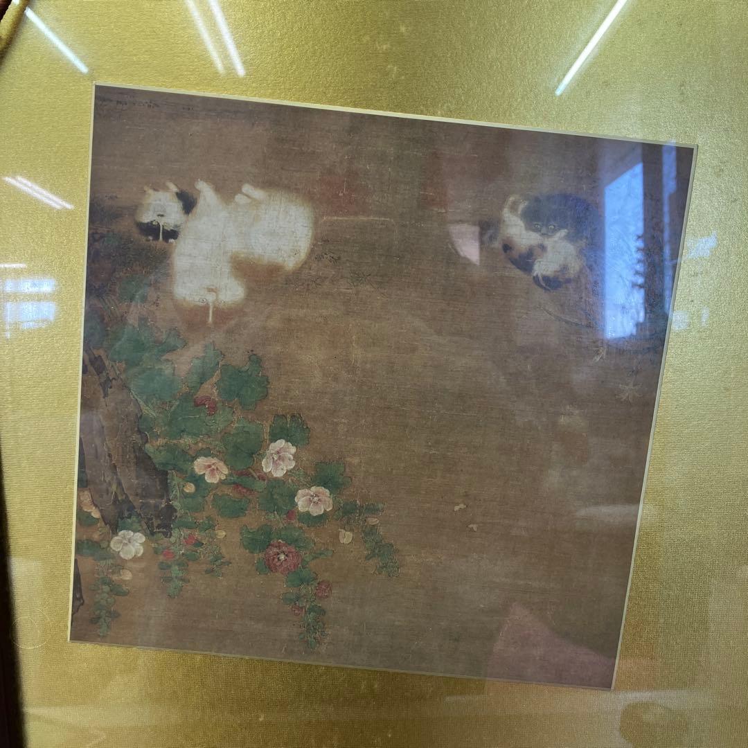 唐木 飾り額 浮き彫り彫刻 金背景 猫 花鳥図 煎茶道具 アンティーク 壁掛け
