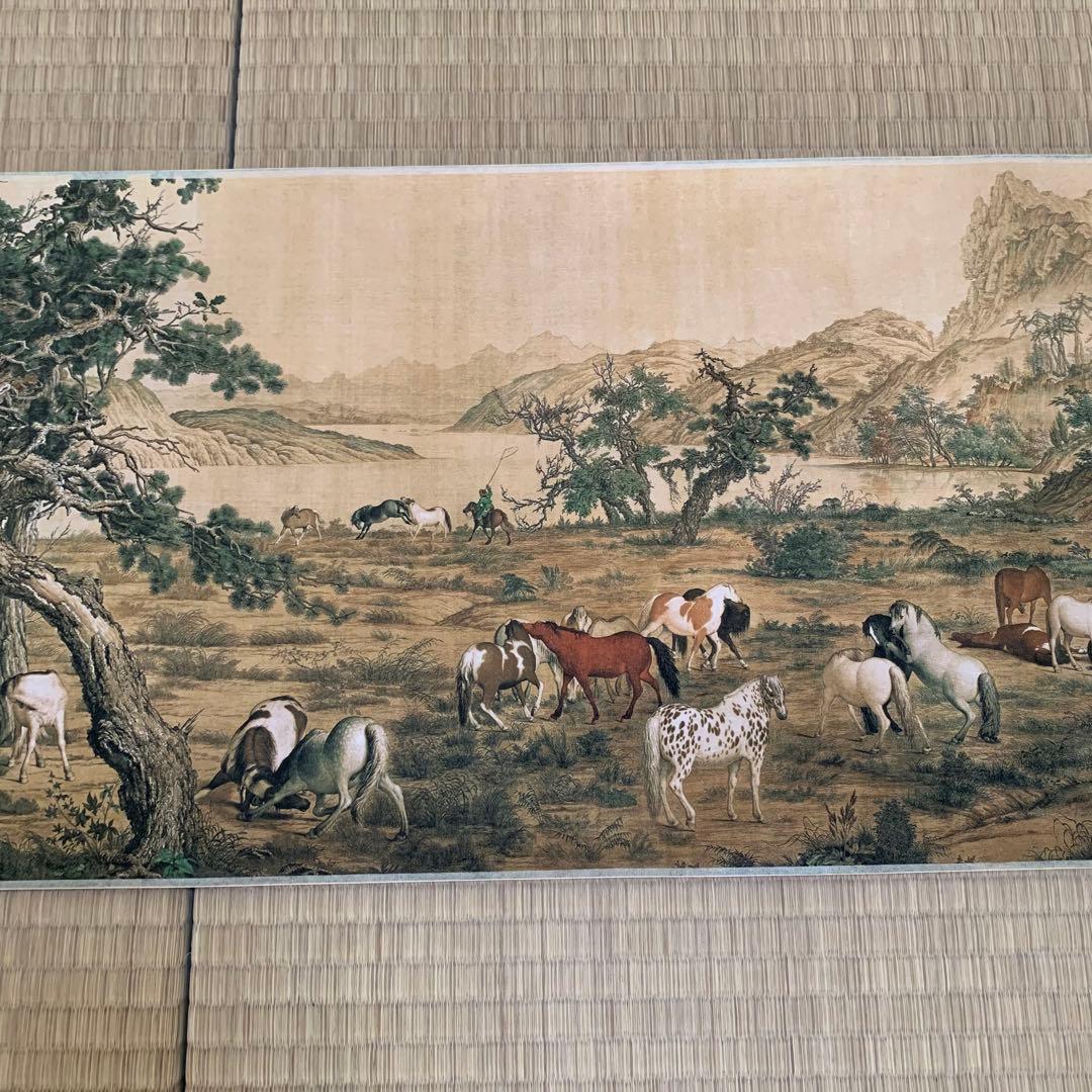 中国絵画　 清国の国師絵家　名家　清時代　郎世寧（最作)百駿図　国画巻き絵