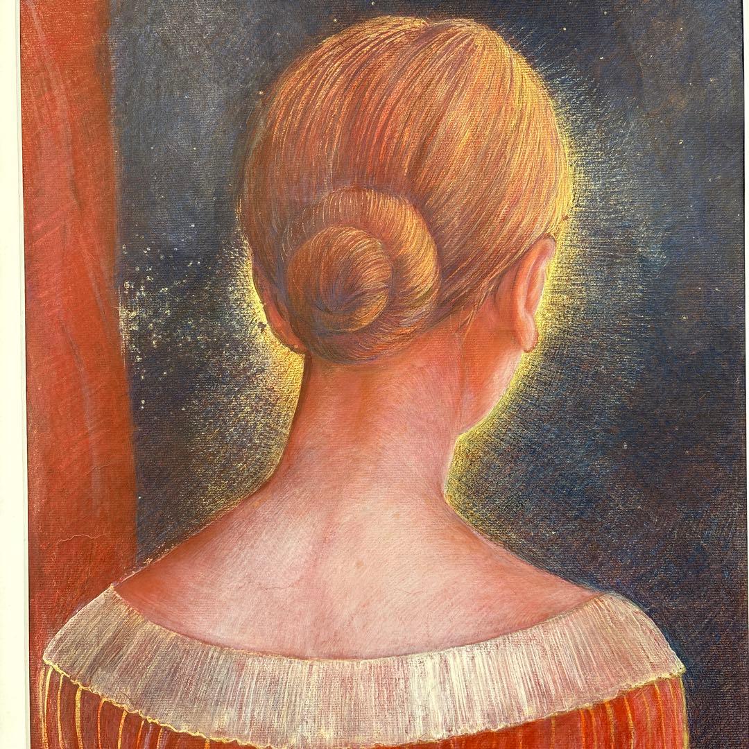 画家　串田都美雄　色鉛筆　水彩画 後ろ姿の女性 A4サイズ