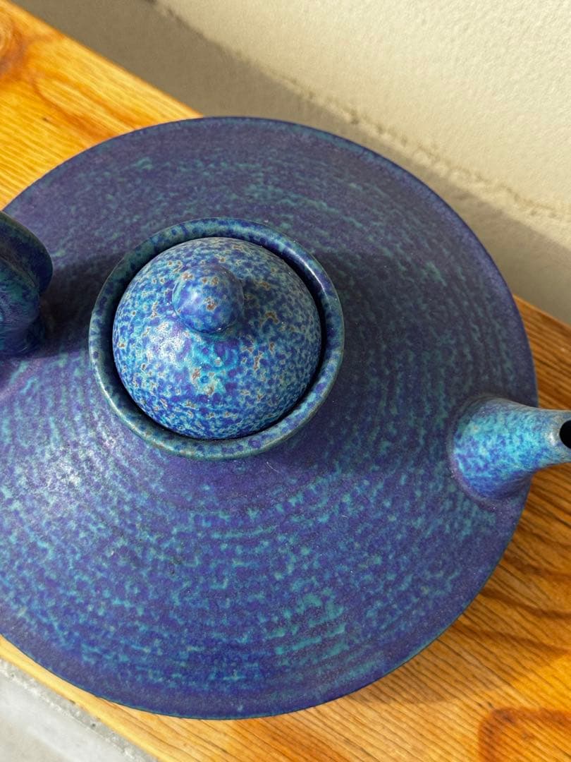 ヴィンテージ陶器 ポット 窯変釉 ブルー 民芸 古道具」