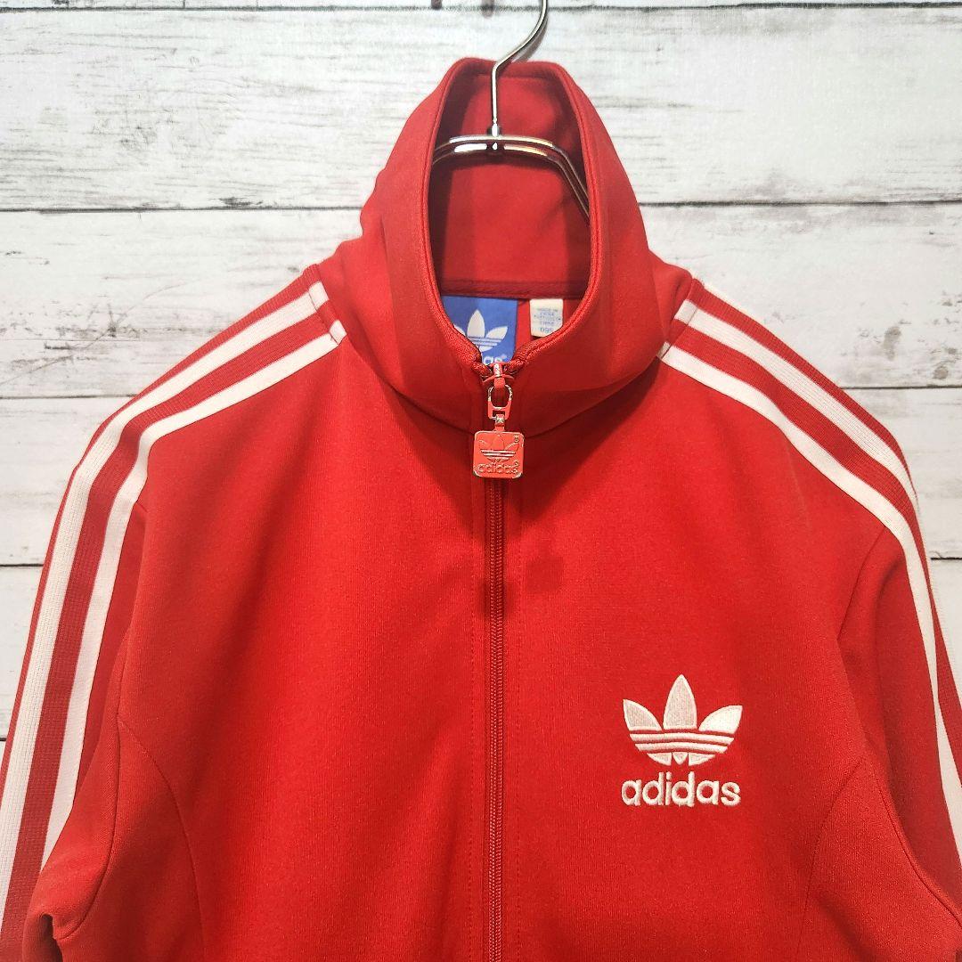 adidas トラックジャケット 赤 M 刺繍ロゴ ライン アディダス ジャージ