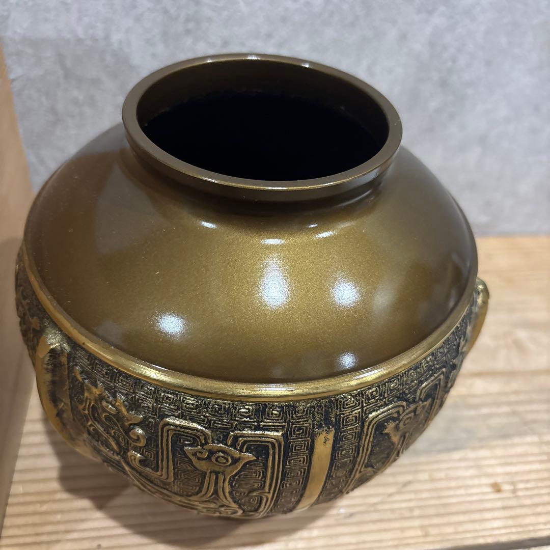 鋳銅 花瓶 雲文鳳凰 松盛作 共箱付き 茶道具 華道 床の間