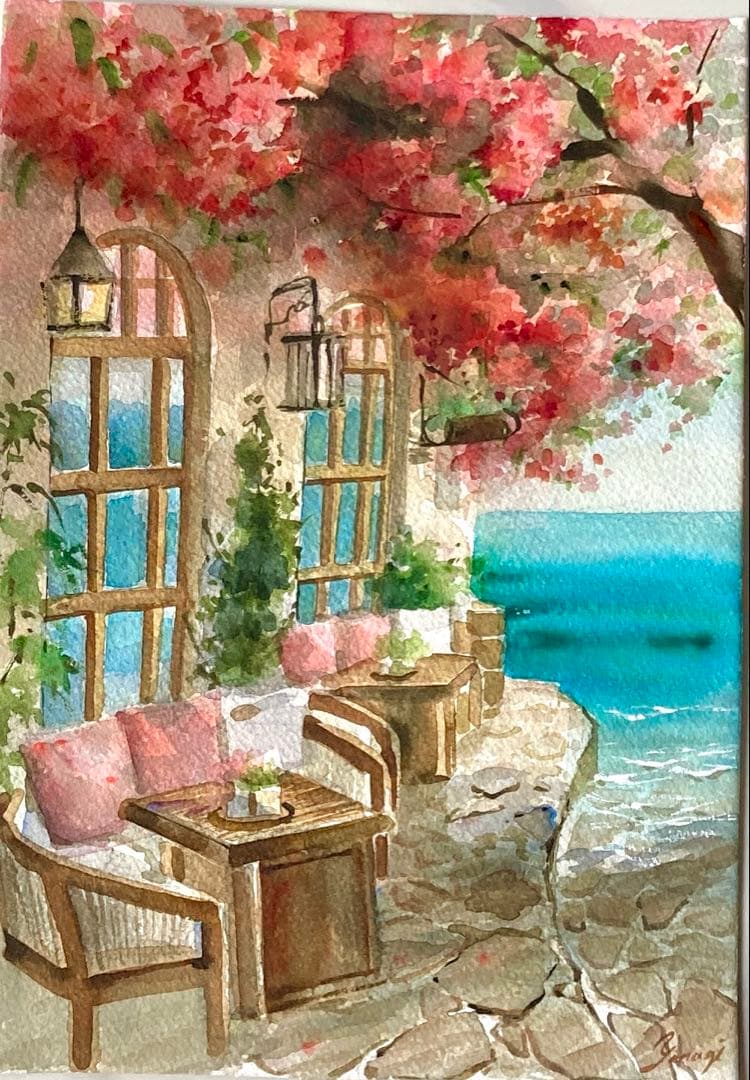 水彩画 原画 海辺のカフェ