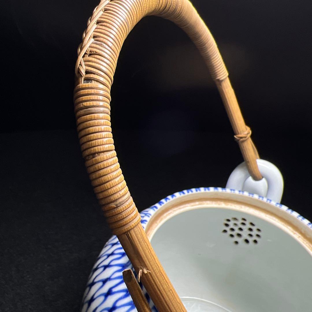 平安名工　楽亭造　染付網手水次　持ち手込高さ約21㎝　東Y8-0310☆2F