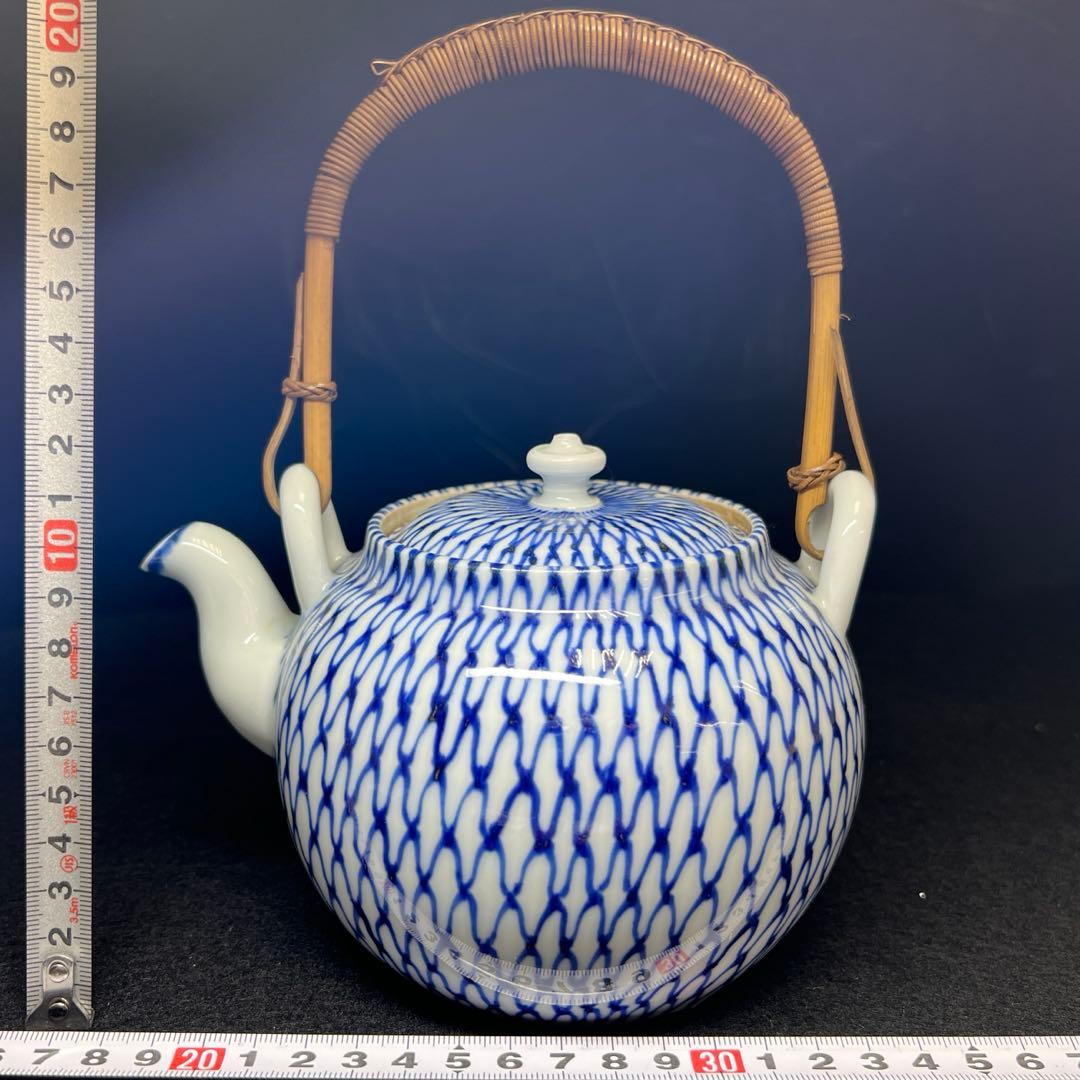 平安名工　楽亭造　染付網手水次　持ち手込高さ約21㎝　東Y8-0310☆2F