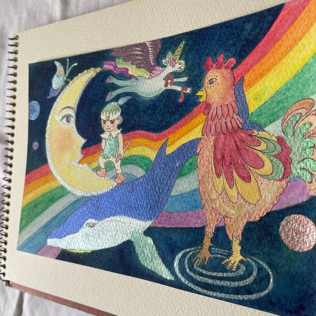 ☆題『ボクとにわとりと宇宙』☆水彩画☆