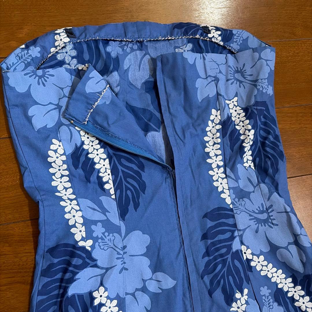 フラワープリント ストラップレスドレス 青