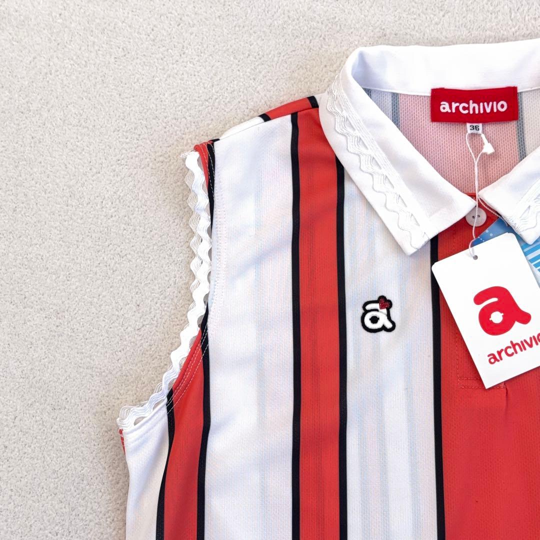 新品【archivio】ゴルフ ノースリーブ ポロシャツ ストライプ ロゴ 36