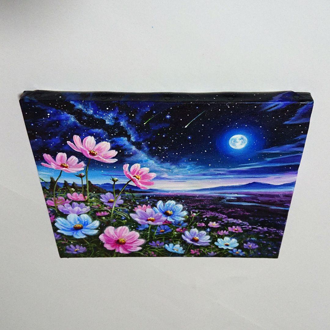 【コスモスの夜】アクリル画 F3 風景画 絵画